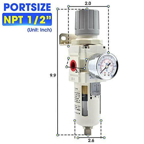 1/2" NPT White Air Filter Pressure Regulator Combo Piggyback, Air Tool Compressor Filter - Gauge AW4000-04