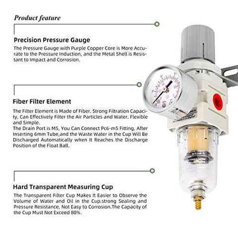 1/4" NPT Air Filter Pressure Regulator Combo Piggyback, Air Tool Compressor Filter - Gauge AW2000-02
