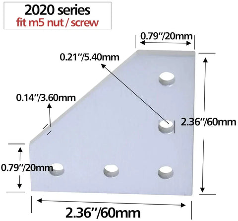 2020 Aluminum Corner Connector 90 Degree T-shape, 60 x 60 x 4mm, L type, V groove, extrusion Profile