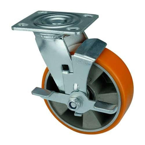 4" Heavy Duty Caster Wheel - Center Brake Aluminium - PU Top Plate