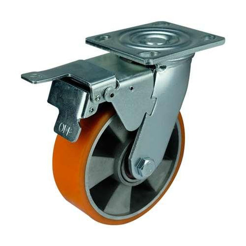 4" Heavy Duty Caster Wheel - Brake Aluminium - PU Top Plate