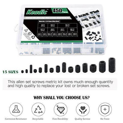 450-Piece Metric Set Screw Assortment Kit - 12.9 Class Alloy Steel, Internal Hex Drive, Cup-Point, M3-M8 Sizes for Door Handles, Faucets, Light Fixtures (Black)