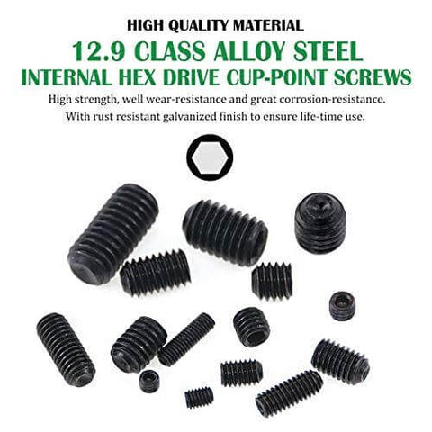 450-Piece Metric Set Screw Assortment Kit - 12.9 Class Alloy Steel, Internal Hex Drive, Cup-Point, M3-M8 Sizes for Door Handles, Faucets, Light Fixtures (Black)