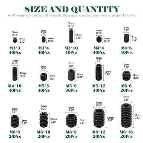 450-Piece Metric Set Screw Assortment Kit - 12.9 Class Alloy Steel, Internal Hex Drive, Cup-Point, M3-M8 Sizes for Door Handles, Faucets, Light Fixtures (Black)