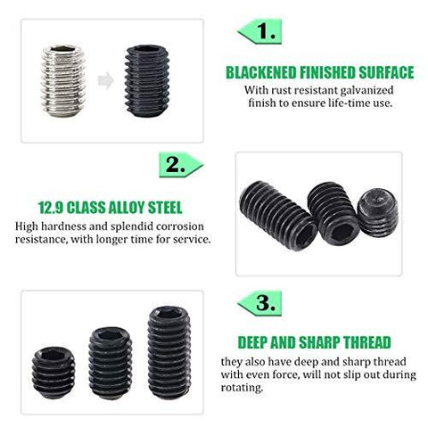450Pcs Internal Hex Drive Cup-Point Screws Assortment Kit, 15 Metric Sizes M3/4/5/6/8 Set Screw Set for Door Handles, Faucet, Light Fixture, 12.9 Class Alloy Steel (Black) - VXB Ball Bearings