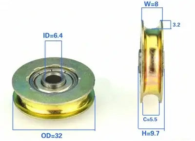 6.4mm Bore - 32mm Pulley U-Groove Track Roller Bearing 6.4x32x8mm