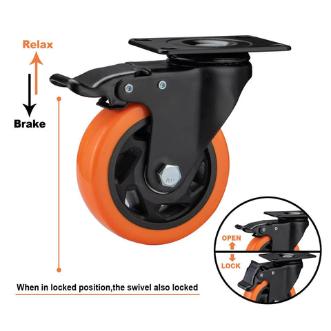 4" Caster Wheels, Heavy Duty Set of 4 - Orange Polyurethane Top Plate Swivel Casters, Industrial 4-Pack with Brake, Locking Wheels for Furniture and Workbench - Canadian Ball Bearing Supplier.