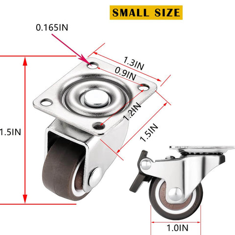 Small Caster Wheels 1" - Low Profile Swivel Casters Set of 4, Quiet Rolling Rubber Plate Wheels for Small Furniture, 2 with Brakes & 2 Without
