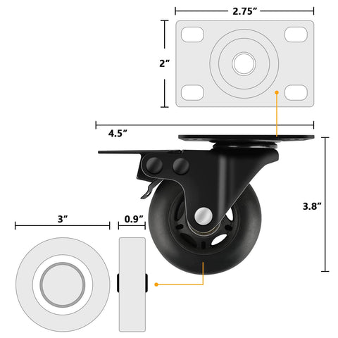 3" Casters Set of 4 - Heavy Duty Quiet Casters, Max Load 2000 lbs, Soft Wheels for Carts, Glide Smoothly and Protect Floors, Locking Furniture Casters - Canadian Ball Bearing Supplier.