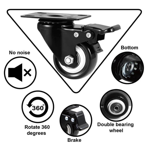 2" Caster Wheels Set of 4, Heavy Duty with Brake - Locking Polyurethane (PU) No Noise Swivel Plate Casters, Pack of 4 - Canadian Ball Bearing Supplier.