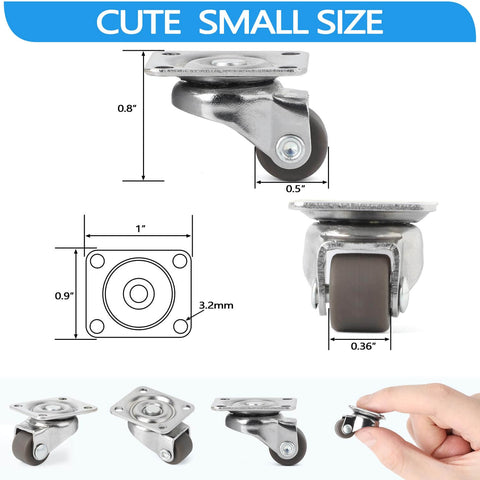8 Pcs Small Caster Wheels - 1/2" Mini Low Profile Swivel Casters, Self-Adhesive Plate Rollers for Furniture, Kitchen Appliances, Planters, Trays & Light-Duty Projects