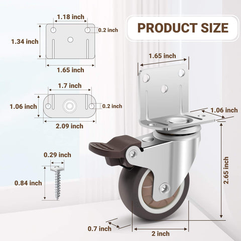 Side Mount Casters 2" - L-Shaped Rubber Swivel Casters Set of 4, Ball Bearing 360° Plate Wheels, 600 lbs Capacity for Furniture, Baby Bed, Kitchen Cabinet & Tables