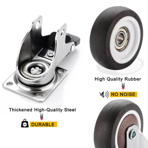 Small Caster Wheels 1" - Low Profile Swivel Casters Set of 4, Quiet Rolling Rubber Plate Wheels for Small Furniture, 2 with Brakes & 2 Without