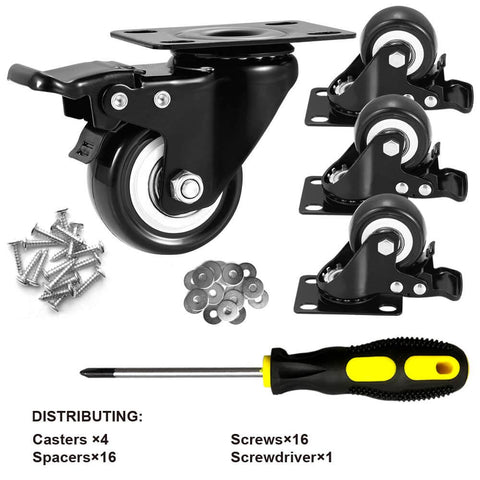 2" Caster Wheels Set of 4, Heavy Duty with Brake - Locking Polyurethane (PU) No Noise Swivel Plate Casters, Pack of 4 - Canadian Ball Bearing Supplier.