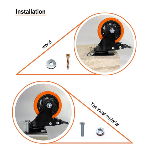4" Caster Wheels, Heavy Duty Set of 4 - Orange Polyurethane Top Plate Swivel Casters, Industrial 4-Pack with Brake, Locking Wheels for Furniture and Workbench - Canadian Ball Bearing Supplier.