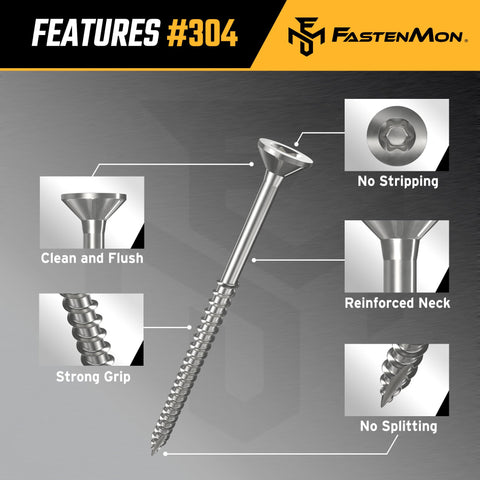 #10 x 3-1/2 Stainless Steel Deck Screws, 304 Grade, 300 PCS with T25 Star Drive Bit - Ideal for Outdoor Wood Projects, Fences, Benches, Picnic Tables, and Decks, Bulk Box