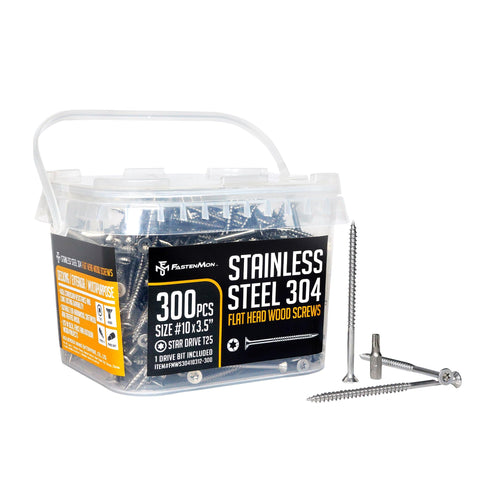 #10 x 3-1/2 Stainless Steel Deck Screws, 304 Grade, 300 PCS with T25 Star Drive Bit - Ideal for Outdoor Wood Projects, Fences, Benches, Picnic Tables, and Decks, Bulk Box