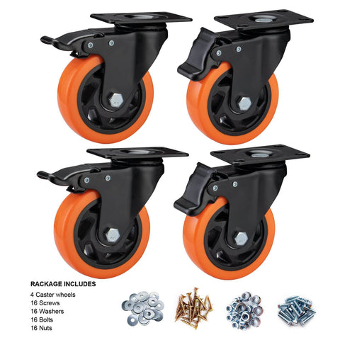 4" Caster Wheels, Heavy Duty Set of 4 - Orange Polyurethane Top Plate Swivel Casters, Industrial 4-Pack with Brake, Locking Wheels for Furniture and Workbench - Canadian Ball Bearing Supplier.