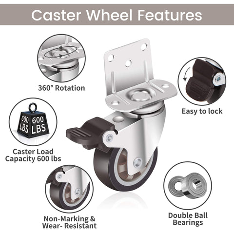 Side Mount Casters 2" - L-Shaped Rubber Swivel Casters Set of 4, Ball Bearing 360° Plate Wheels, 600 lbs Capacity for Furniture, Baby Bed, Kitchen Cabinet & Tables