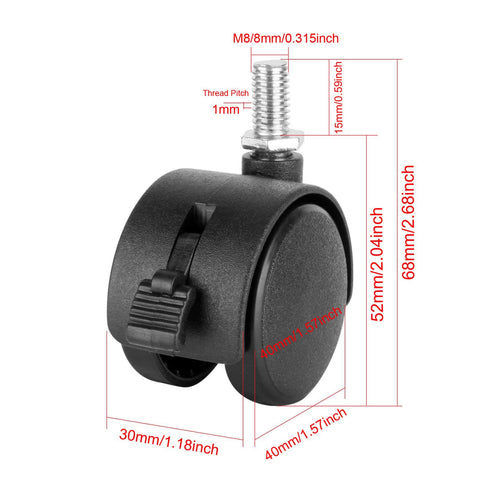 4 Pack 1.5" Swivel Stem Caster Wheels - Replacement Furniture Casters with Locking Brake, Metric M8 Threaded Stem, for Table, Drawer, Plant Shelf, Metal Rack, Laundry Basket