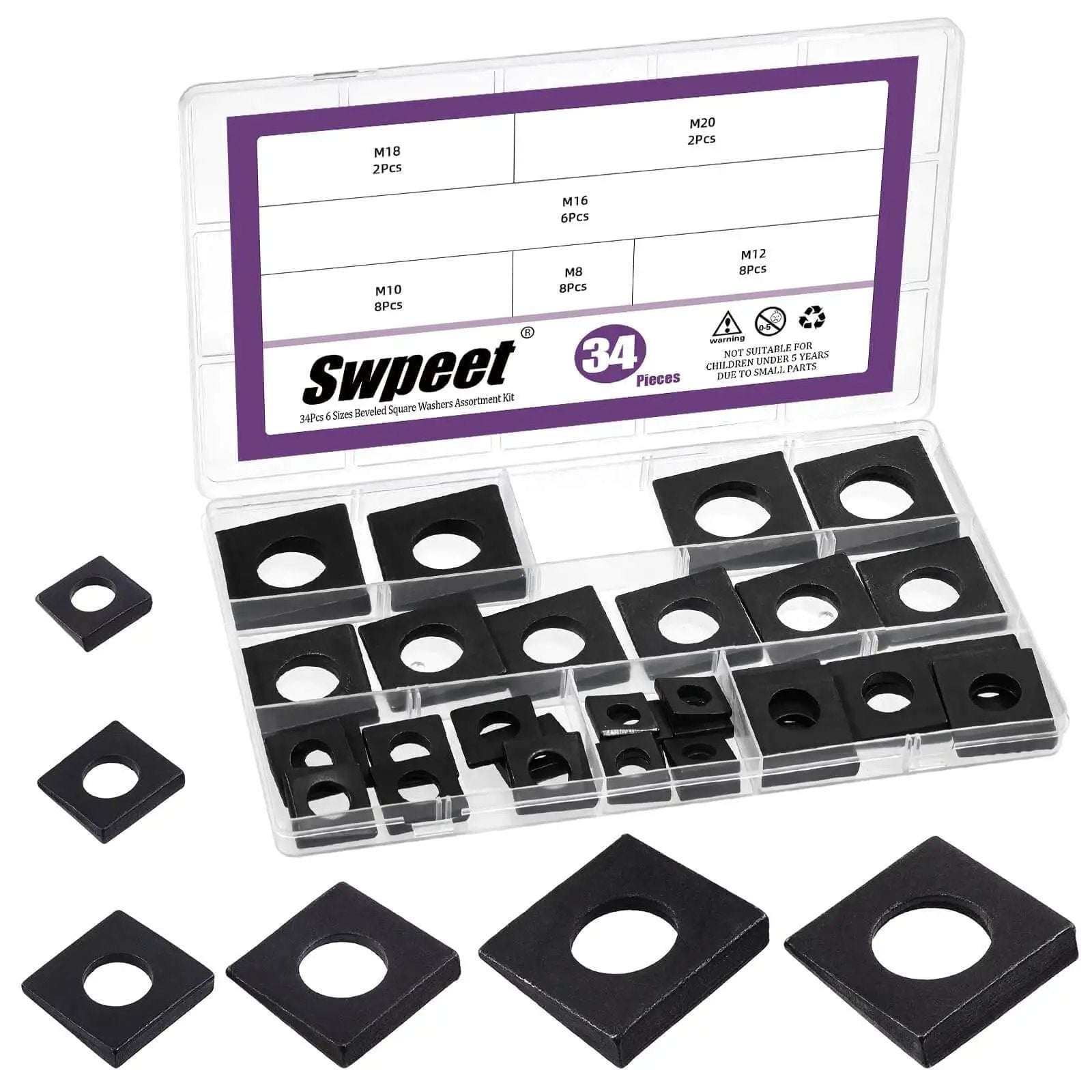 Swpeet 34-Piece Beveled Square Washer Assortment – M8 To M20, Galvanized Carbon Steel, Wedge Shaped – Shim Leveling Kit