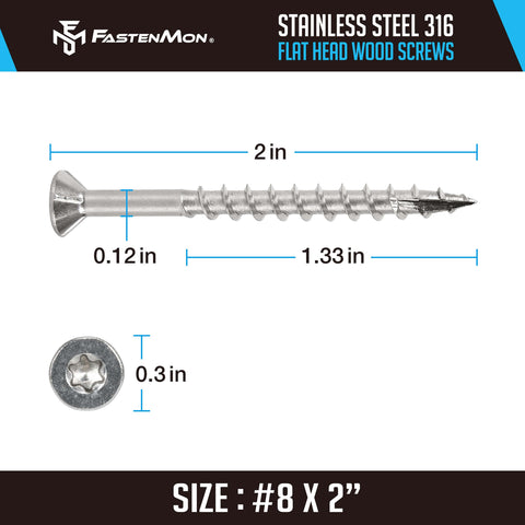 #8 x 2 Marine Grade 316 Stainless Steel Deck Screws, 450 PCS - Flat Head T20, Type 17 Point, Rust Resistant, Quick Drive with Strong Grip for Outdoor Wood Projects, Bit Included - Canadian Ball Bearing Supplier.