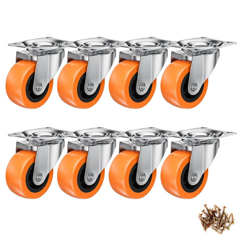 1.5" Casters Set of 8 - Swivel Plate Universal Caster Wheels, Orange Polyurethane (PU), 360° Rotation for Storage Box, Small Furniture, and Kitchen Appliances - Canadian Ball Bearing Supplier.