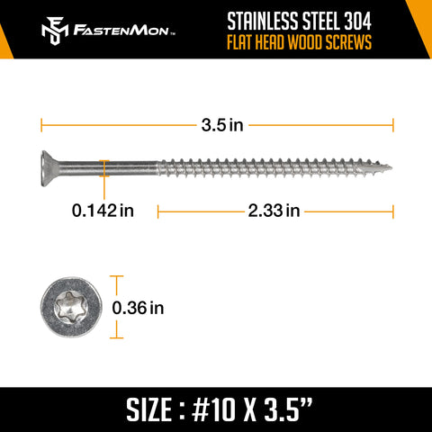 #10 x 3-1/2 Stainless Steel Deck Screws, 304 Grade, 300 PCS with T25 Star Drive Bit - Ideal for Outdoor Wood Projects, Fences, Benches, Picnic Tables, and Decks, Bulk Box