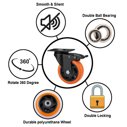 4" Caster Wheels, Heavy Duty Set of 4 - Orange Polyurethane Top Plate Swivel Casters, Industrial 4-Pack with Brake, Locking Wheels for Furniture and Workbench - Canadian Ball Bearing Supplier.
