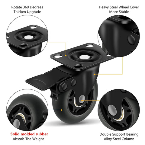 3" Casters Set of 4 - Heavy Duty Quiet Casters, Max Load 2000 lbs, Soft Wheels for Carts, Glide Smoothly and Protect Floors, Locking Furniture Casters - Canadian Ball Bearing Supplier.