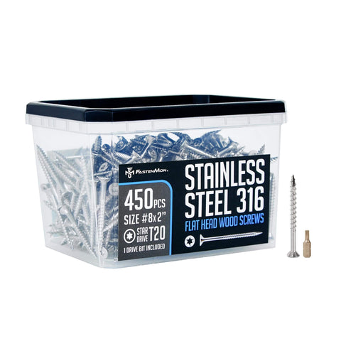 #8 x 2 Marine Grade 316 Stainless Steel Deck Screws, 450 PCS - Flat Head T20, Type 17 Point, Rust Resistant, Quick Drive with Strong Grip for Outdoor Wood Projects, Bit Included - Canadian Ball Bearing Supplier.