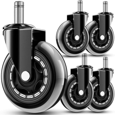5-Pack Office Chair Wheels - Universal Fit 3 Inch Soft Rubber Casters, Heavy-Duty Chair Casters, Low Noise, for All Floor - Replacement Rubber Wheels