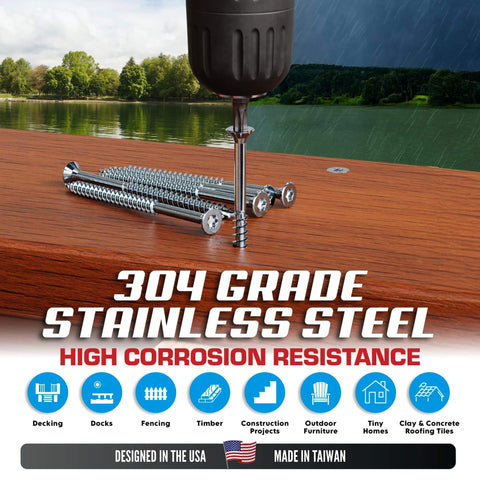 #10 x 3 Inch Stainless Steel Deck Screws 304 Grade, 350 Pack with Flat Head T25 Star Torx Drive by Eagle Claw Fasteners - Corrosion & Rust Resistant, Includes Driver Bit - Canadian Ball Bearing Supplier.