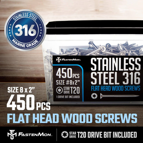 #8 x 2 Marine Grade 316 Stainless Steel Deck Screws, 450 PCS - Flat Head T20, Type 17 Point, Rust Resistant, Quick Drive with Strong Grip for Outdoor Wood Projects, Bit Included - Canadian Ball Bearing Supplier.
