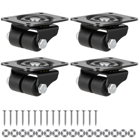 1" Caster Wheels Set of 4 - Heavy Duty Low Profile Swivel Plate Double Nylon Wheels, 1,100 lbs Capacity, Anti-Wear Extra-Wide Black Casters for Bed & Workbench
