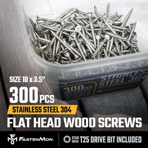 #10 x 3-1/2 Stainless Steel Deck Screws, 304 Grade, 300 PCS with T25 Star Drive Bit - Ideal for Outdoor Wood Projects, Fences, Benches, Picnic Tables, and Decks, Bulk Box
