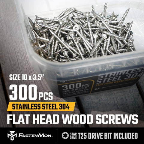 #10 x 3-1/2 Stainless Steel Deck Screws, 304 Grade, 300 PCS with T25 Star Drive Bit - Ideal for Outdoor Wood Projects, Fences, Benches, Picnic Tables, and Decks, Bulk Box