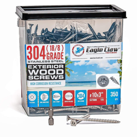 #10 x 3 Inch Stainless Steel Deck Screws 304 Grade, 350 Pack with Flat Head T25 Star Torx Drive by Eagle Claw Fasteners - Corrosion & Rust Resistant, Includes Driver Bit - Canadian Ball Bearing Supplier.