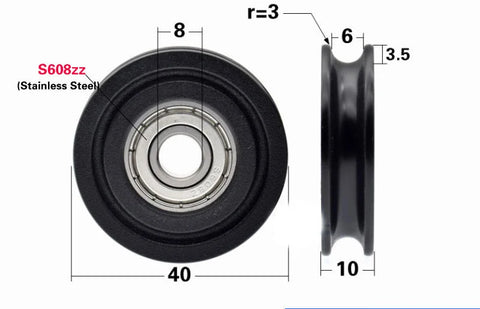 8mm Bore Bearing - OD: 40mm U-Groove Plastic Tire for Sliding Doors