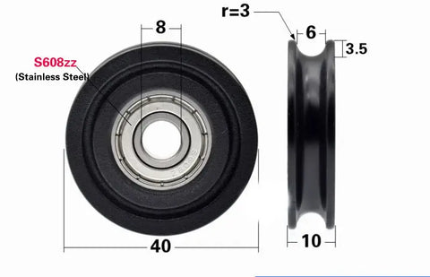 8mm Bore Bearing - OD: 40mm U-Groove Plastic Tire for Sliding Doors