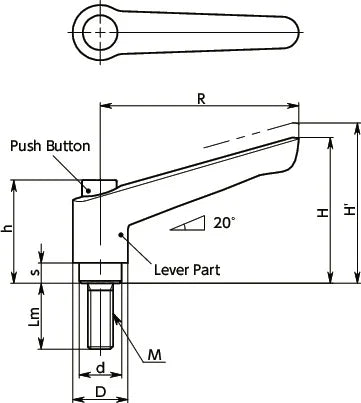 LEMS-3-8-BK-CBK 8mm Plastic Clamp Lever - Male Screw - Push Button
