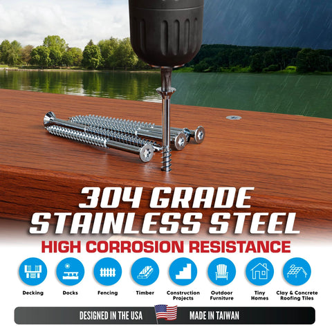 #10 x 3 pouces vis de pont en acier inoxydable Grade 304, paquet 350 avec tête plate T25 Star Torx Drive par Eagle Claw Fixeners - Résistants à la corrosion et à la rouille, comprend la fraise de tourne-conducteur