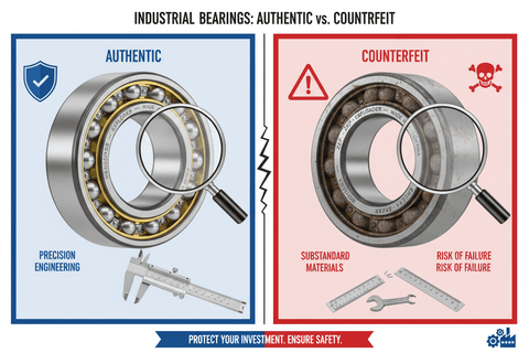 Industrial bearings comparison: Authentic vs. Counterfeit, highlighting engineering quality and material integrity.