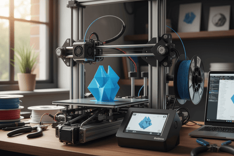 3D printer in a workspace producing a blue geometric shape, demonstrating innovations in technology.