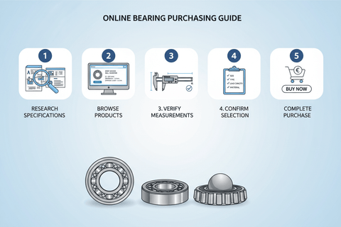 Online Bearings Shopping guide infographic showing steps: research specifications, browse products, verify measurements, confirm selection.