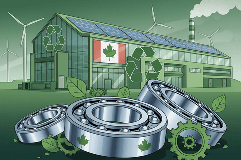 Illustration of industrial bearings in front of a sustainable manufacturing facility with panels and wind turbines, highlighting The Crucial Role of Bearings in Sustainable Manufacturing.