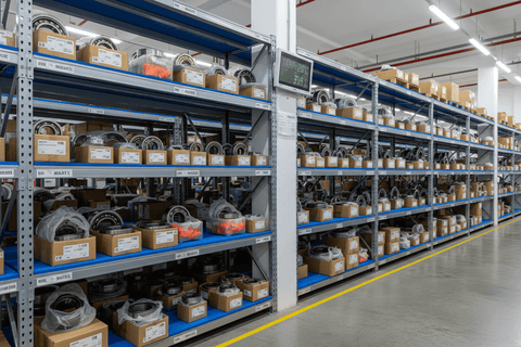 Warehouse shelving displaying various bearings for storage, illustrating Top Tips for Proper Bearing Storage That Lasts.