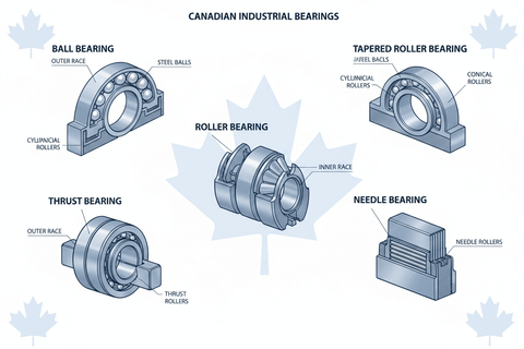 Illustration of Canadian industrial bearings including ball, tapered roller, roller, thrust, and needle bearings.