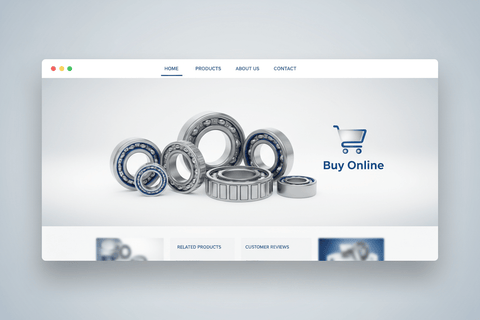 The Importance of Reviews When Purchasing Bearings Online highlighted with various types of bearings and a buy online option.