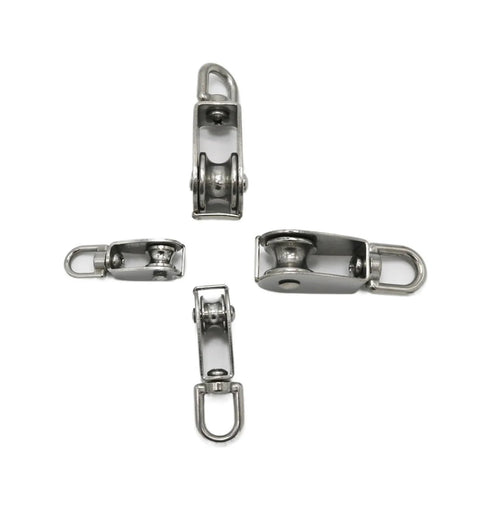 Four stainless steel M20 Single Swivel Lifting 0.3" Rope Pulley Roller Block Sheaves for lightweight lifting and hoisting.